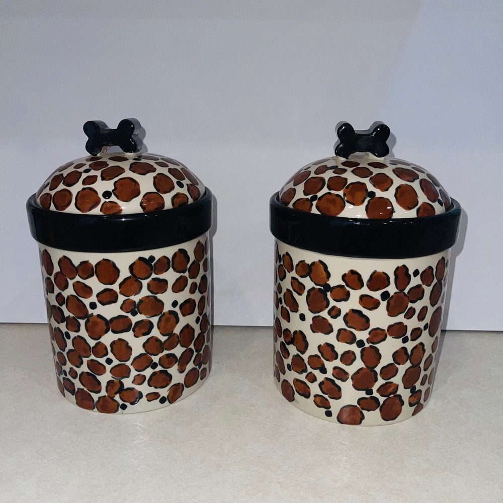 2 VTG Castlemere Creations Wild Leopard Cookie Dog Treat Jars Ceramic Bone